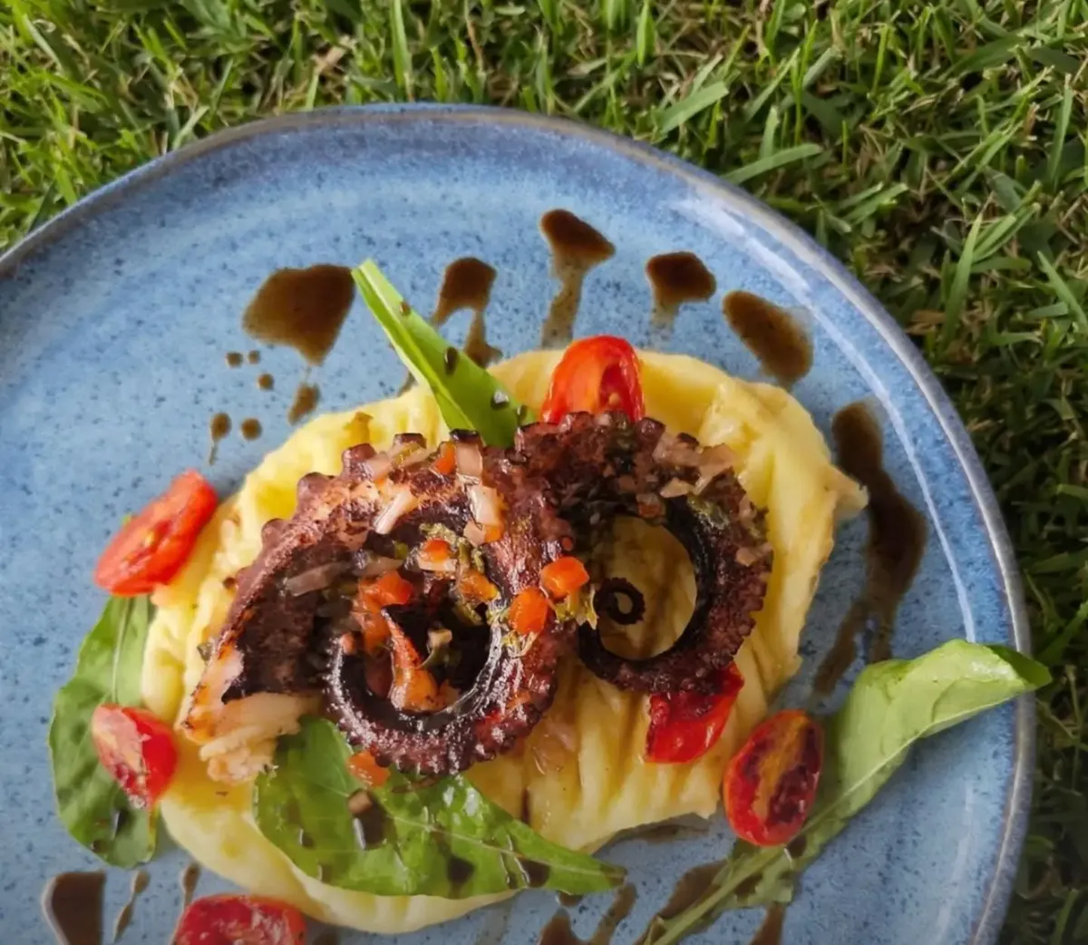 Tentáculos de polvo grelhado sobre purê de mandioca, com tomate e rúcula, em prato de cerâmica azul